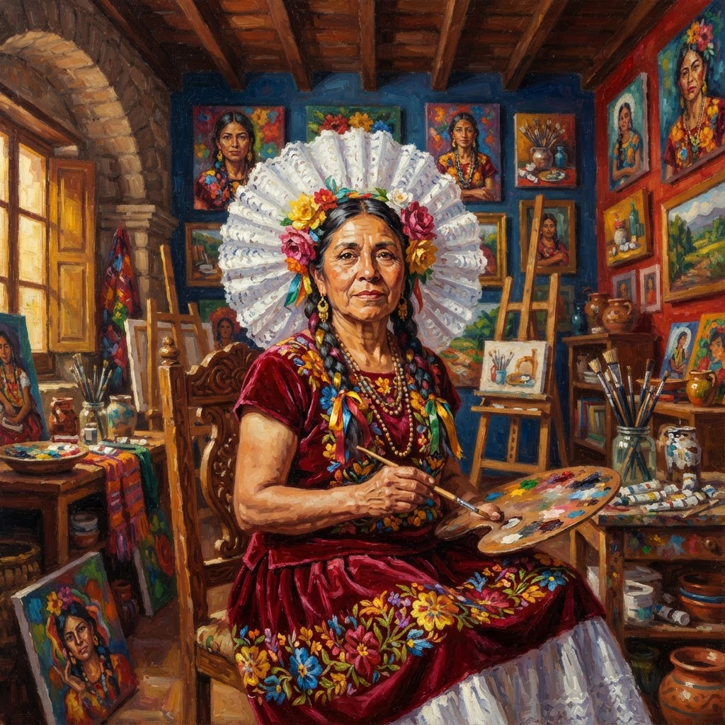A dignified artistic portrait of a Mexican woman artist in a colorful studio