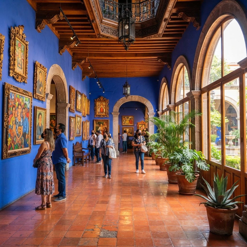 Museum gallery interior with cobalt blue walls and vibrant artworks